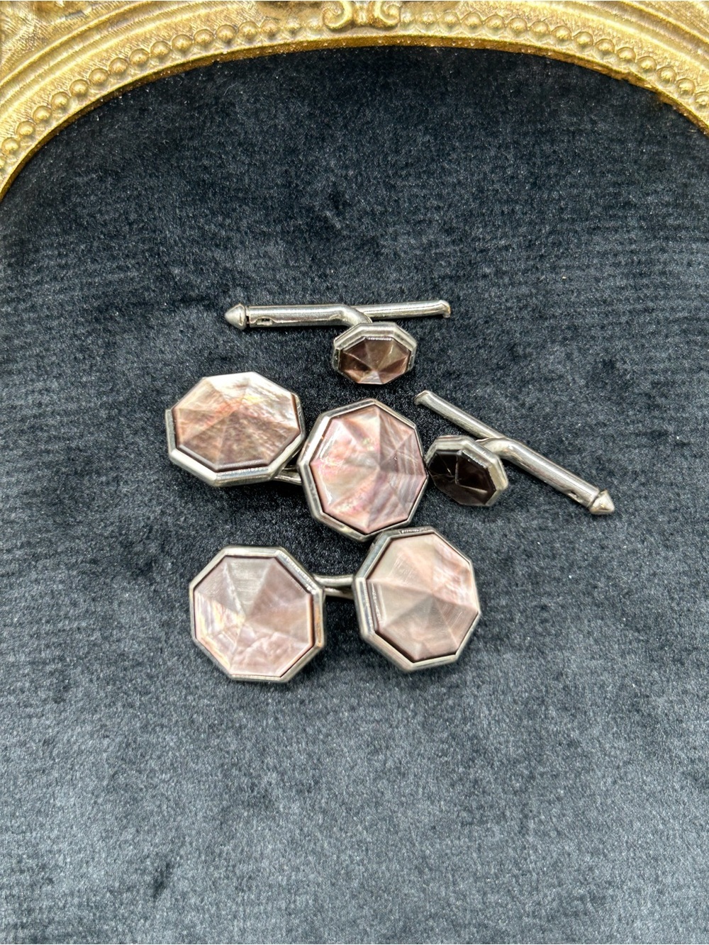 Art Deco Octagonal Mother-of-Pearl Cufflinks and Stud Set - Iridescent Pink